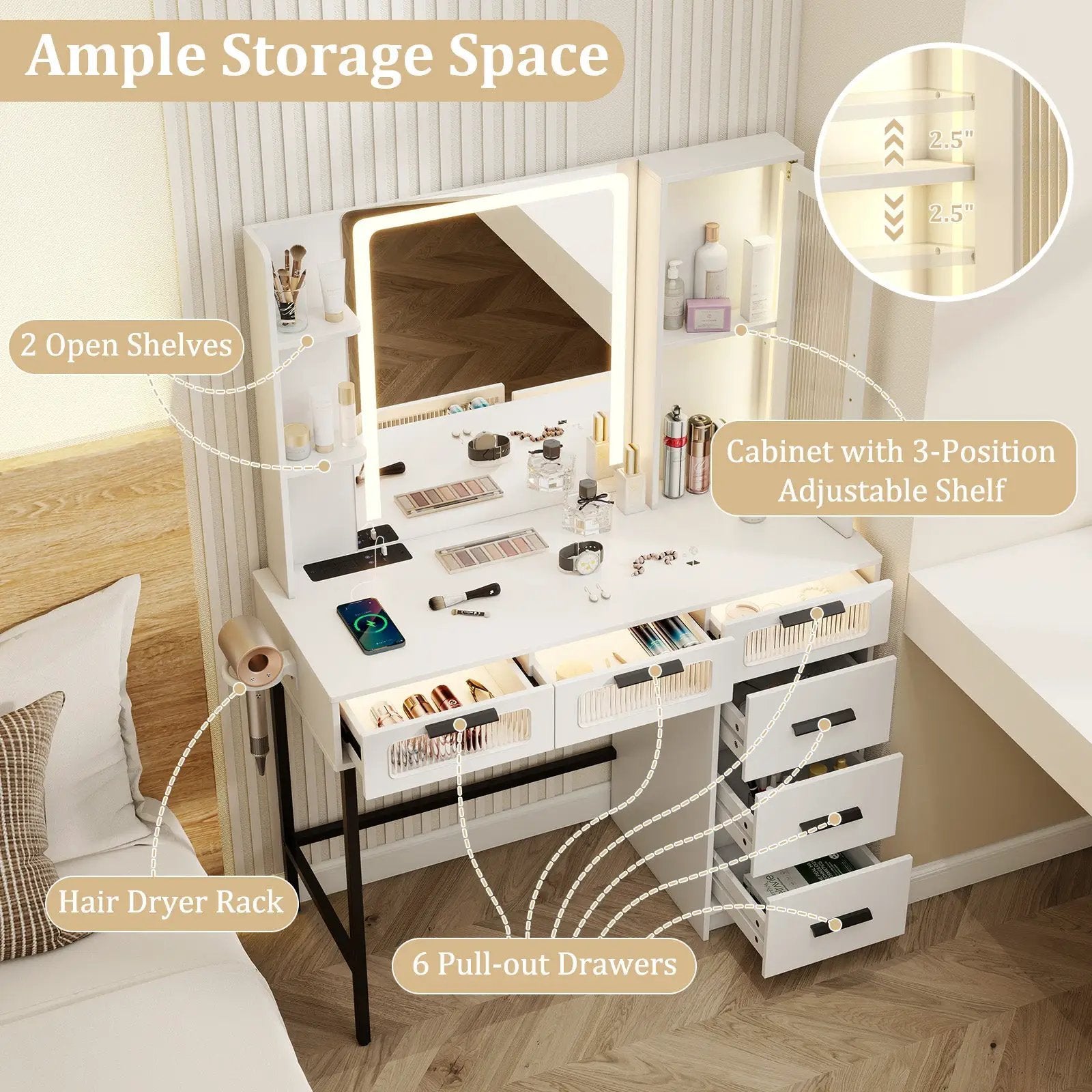 Makeup Vanity Desk with 3-Color Induction LED Lights and 6 Drawers-White by DirectDeals
