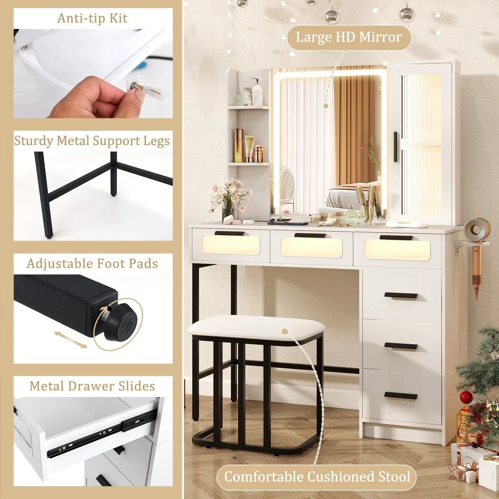 Makeup Vanity Desk with 3-Color Induction LED Lights and 6 Drawers-White by DirectDeals