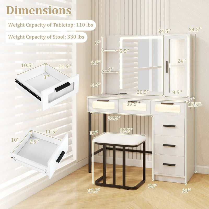 Makeup Vanity Desk with 3-Color Induction LED Lights and 6 Drawers-White by DirectDeals