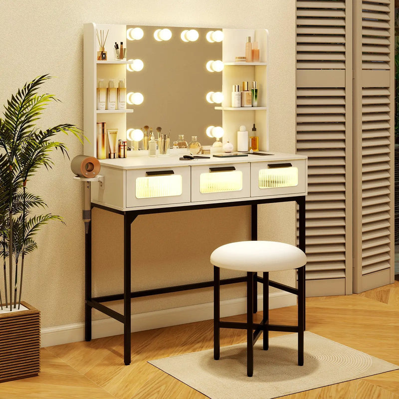 Bedroom Makeup Vanity Desk with Hollywood Mirror and Lights-White by DirectDeals