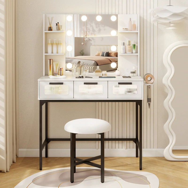Bedroom Makeup Vanity Desk with Hollywood Mirror and Lights-White by DirectDeals
