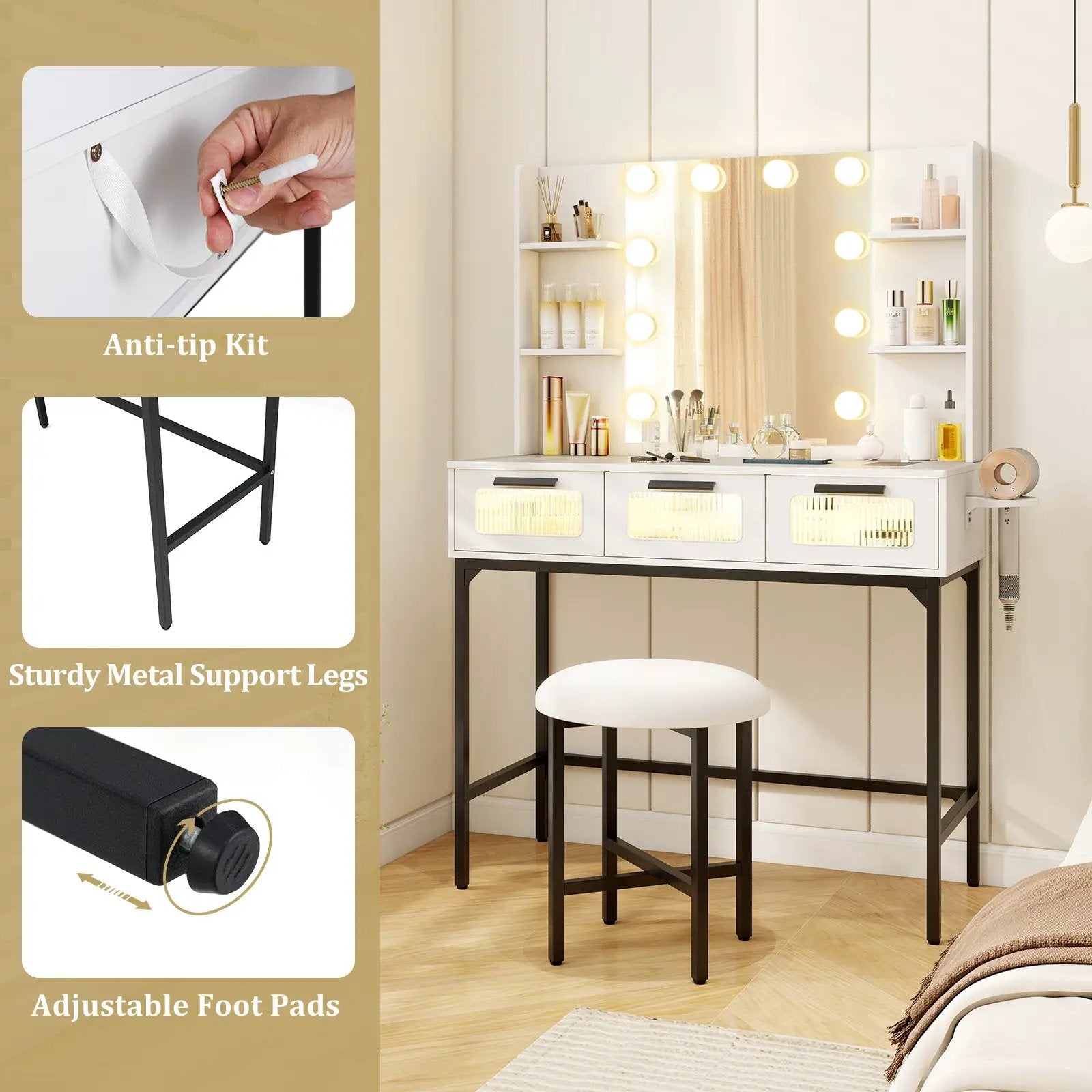 Bedroom Makeup Vanity Desk with Hollywood Mirror and Lights-White by DirectDeals