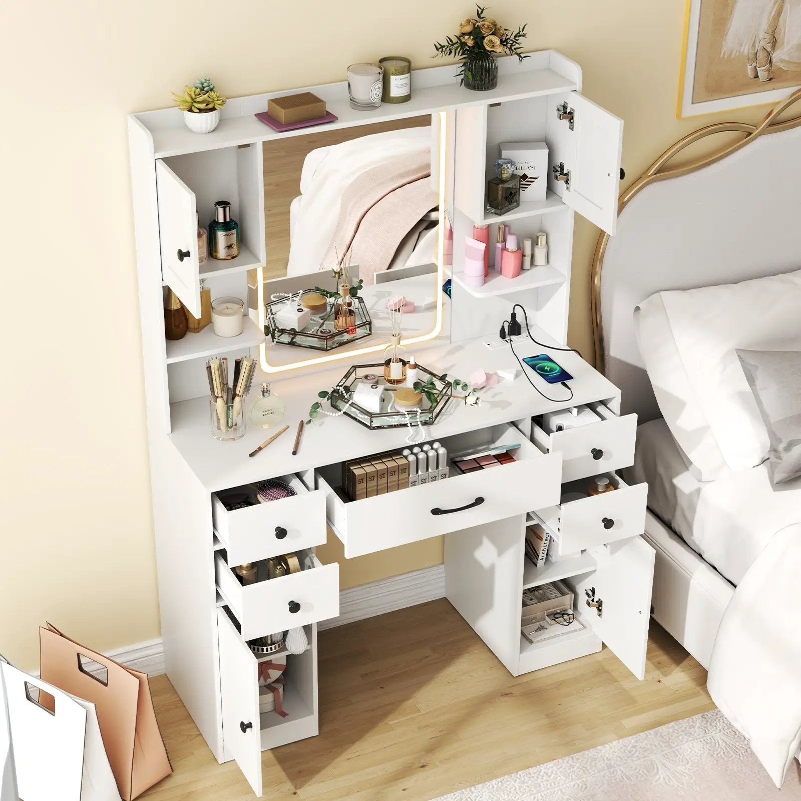 Makeup Vanity Desk with Lighted Mirror and Charging Station-White by DirectDeals