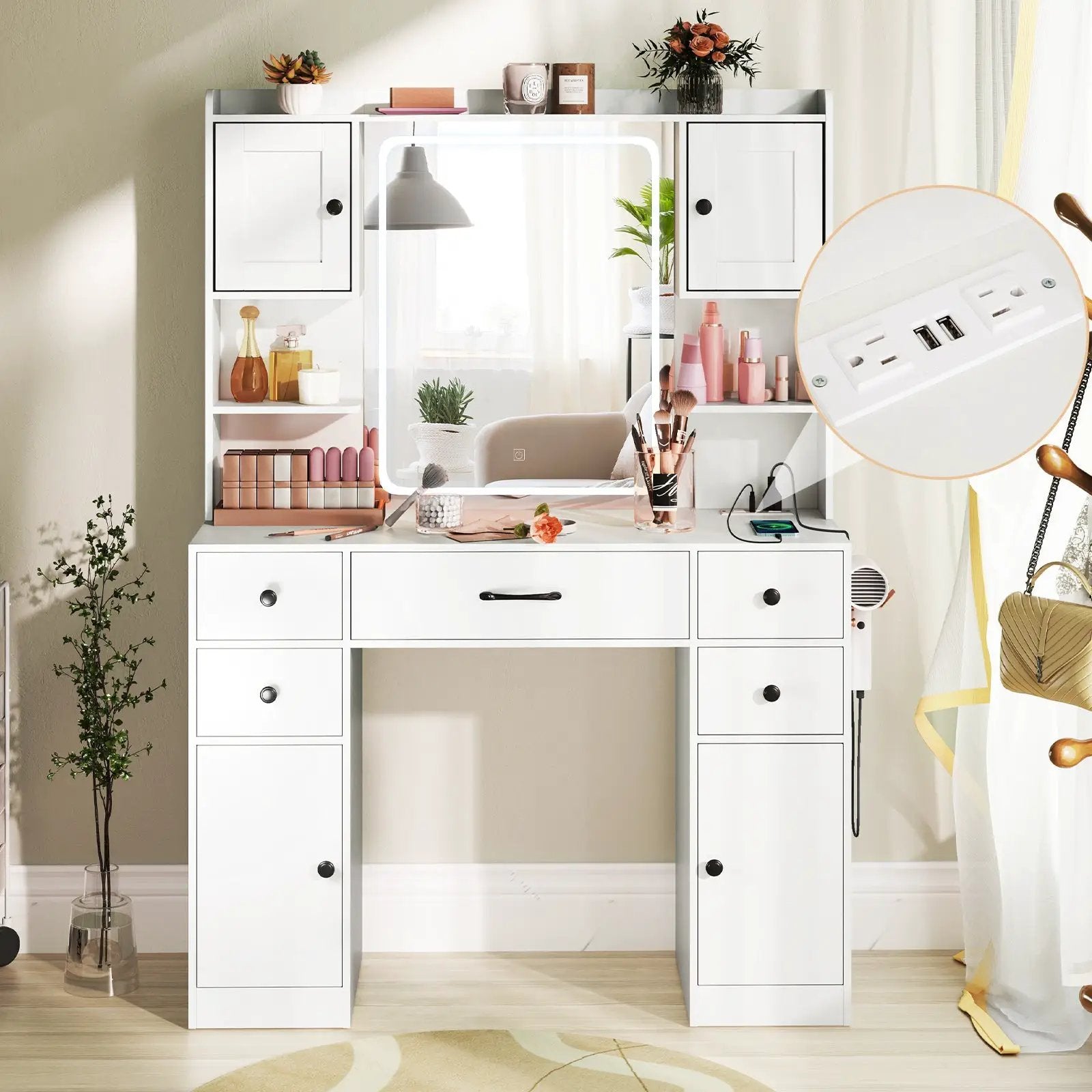 Makeup Vanity Desk with Lighted Mirror and Charging Station-White by DirectDeals