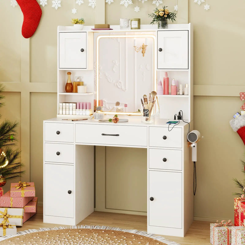 Makeup Vanity Desk with Lighted Mirror and Charging Station-White by DirectDeals