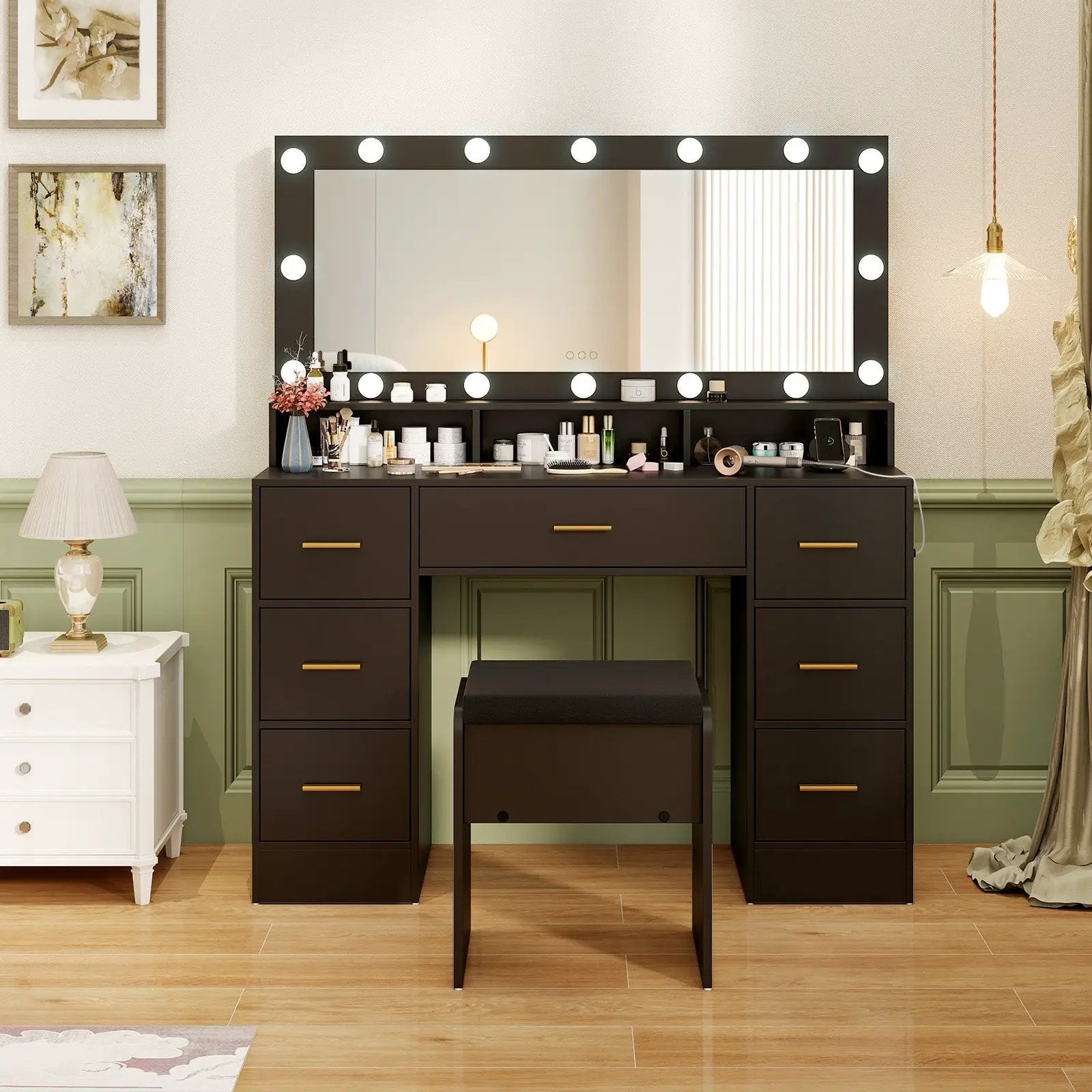 Makeup Vanity Desk with Mirror 3-Color LED Lights and Charging Station by DirectDeals