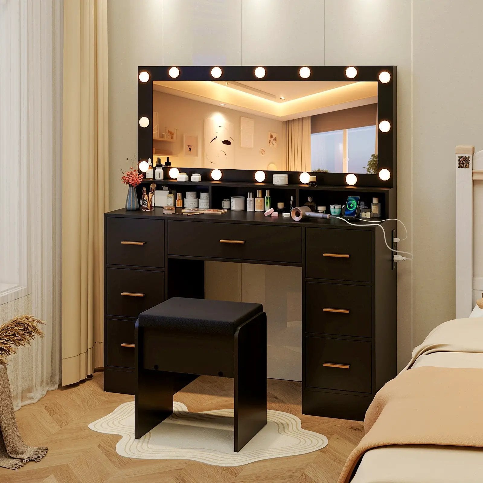 Makeup Vanity Desk with Mirror 3-Color LED Lights and Charging Station by DirectDeals