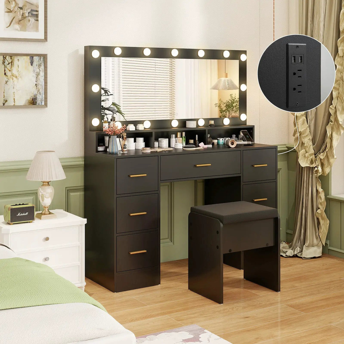 Makeup Vanity Desk with Mirror 3-Color LED Lights and Charging Station by DirectDeals