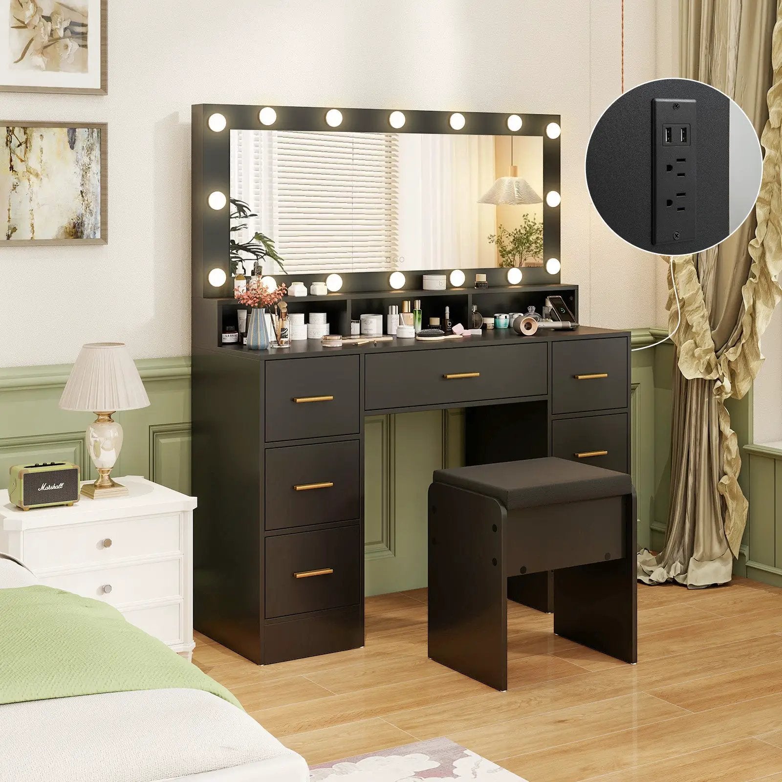 Makeup Vanity Desk with Mirror 3-Color LED Lights and Charging Station by DirectDeals