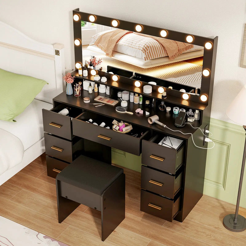 Makeup Vanity Desk with Mirror 3-Color LED Lights and Charging Station by DirectDeals