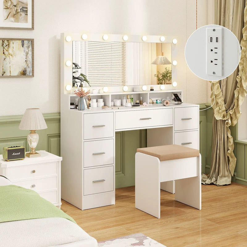 Makeup Vanity Desk with Mirror 3-Color LED Lights and Charging Station by DirectDeals
