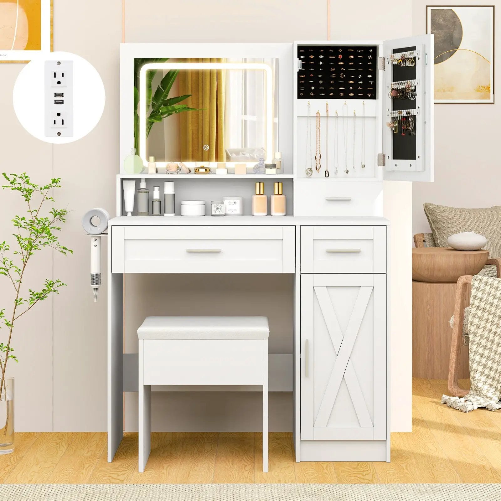 Makeup Vanity Desk with Mirror and Lights Dressing Table and Stool Set-White by DirectDeals