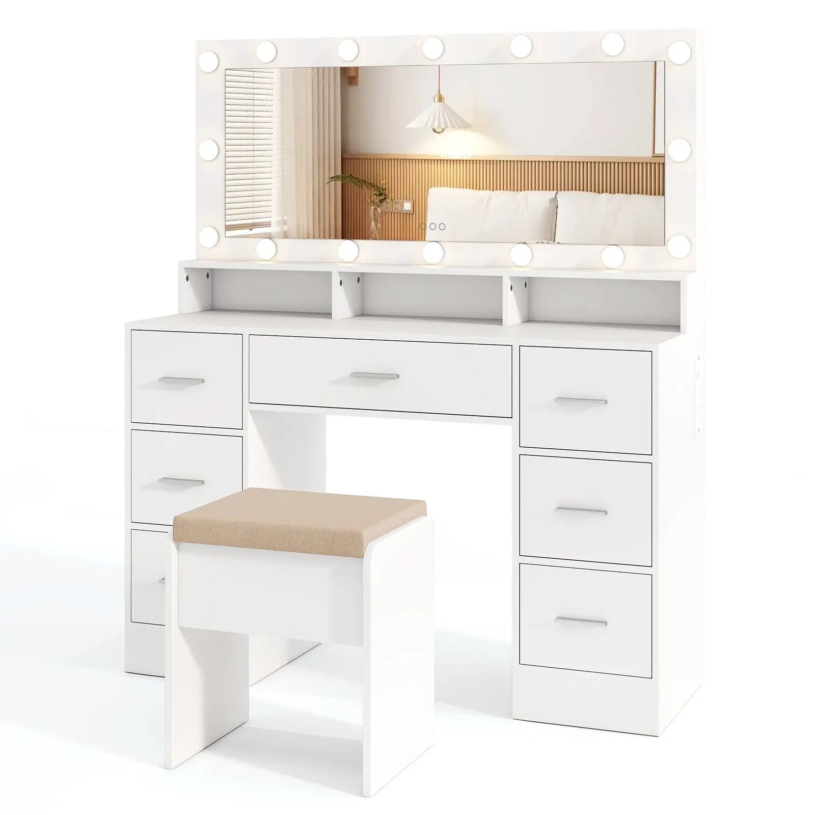 Makeup Vanity Desk with Mirror 3-Color LED Lights and Charging Station by DirectDeals