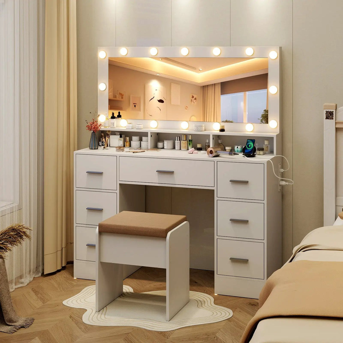 Makeup Vanity Desk with Mirror 3-Color LED Lights and Charging Station by DirectDeals