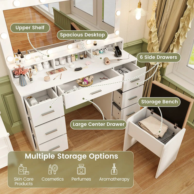 Makeup Vanity Desk with Mirror 3-Color LED Lights and Charging Station by DirectDeals
