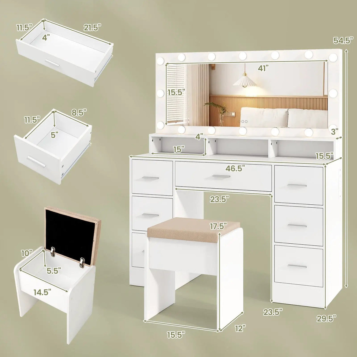 Makeup Vanity Desk with Mirror 3-Color LED Lights and Charging Station by DirectDeals