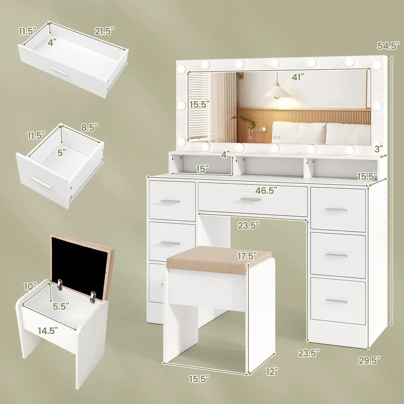 Makeup Vanity Desk with Mirror 3-Color LED Lights and Charging Station by DirectDeals