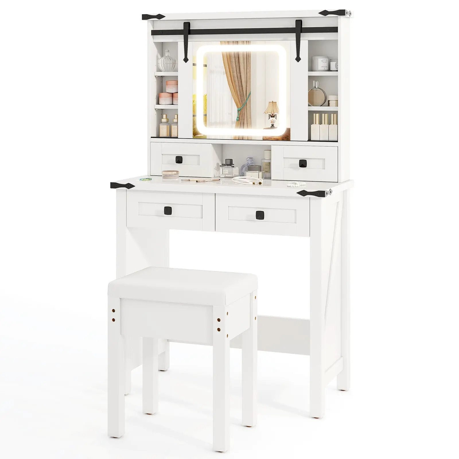 Makeup Vanity Desk with Mirror and Adjustable Storage Shelves-White by DirectDeals