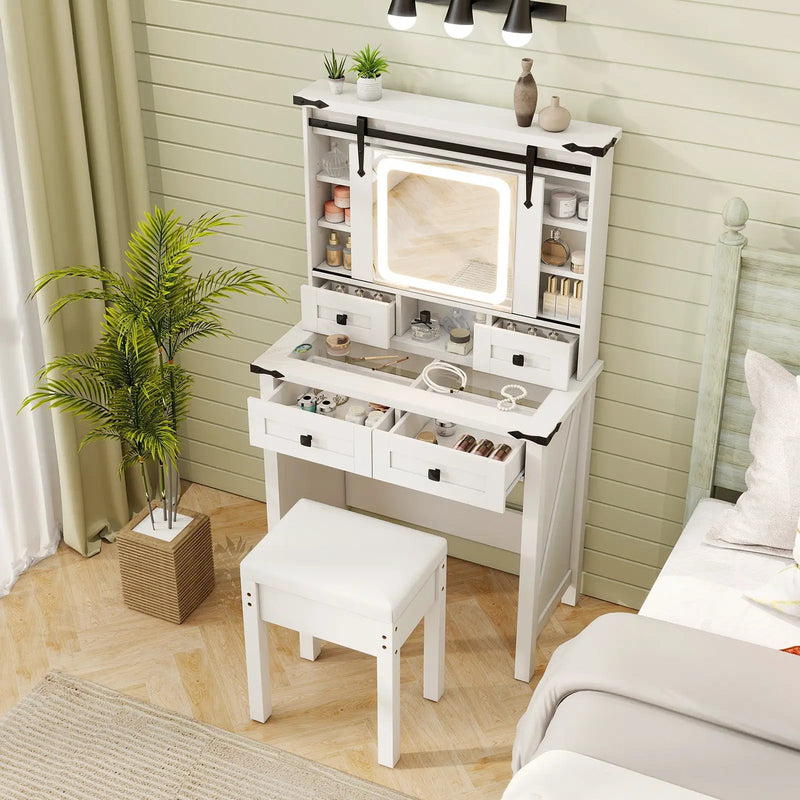 Makeup Vanity Desk with Mirror and Adjustable Storage Shelves-White by DirectDeals