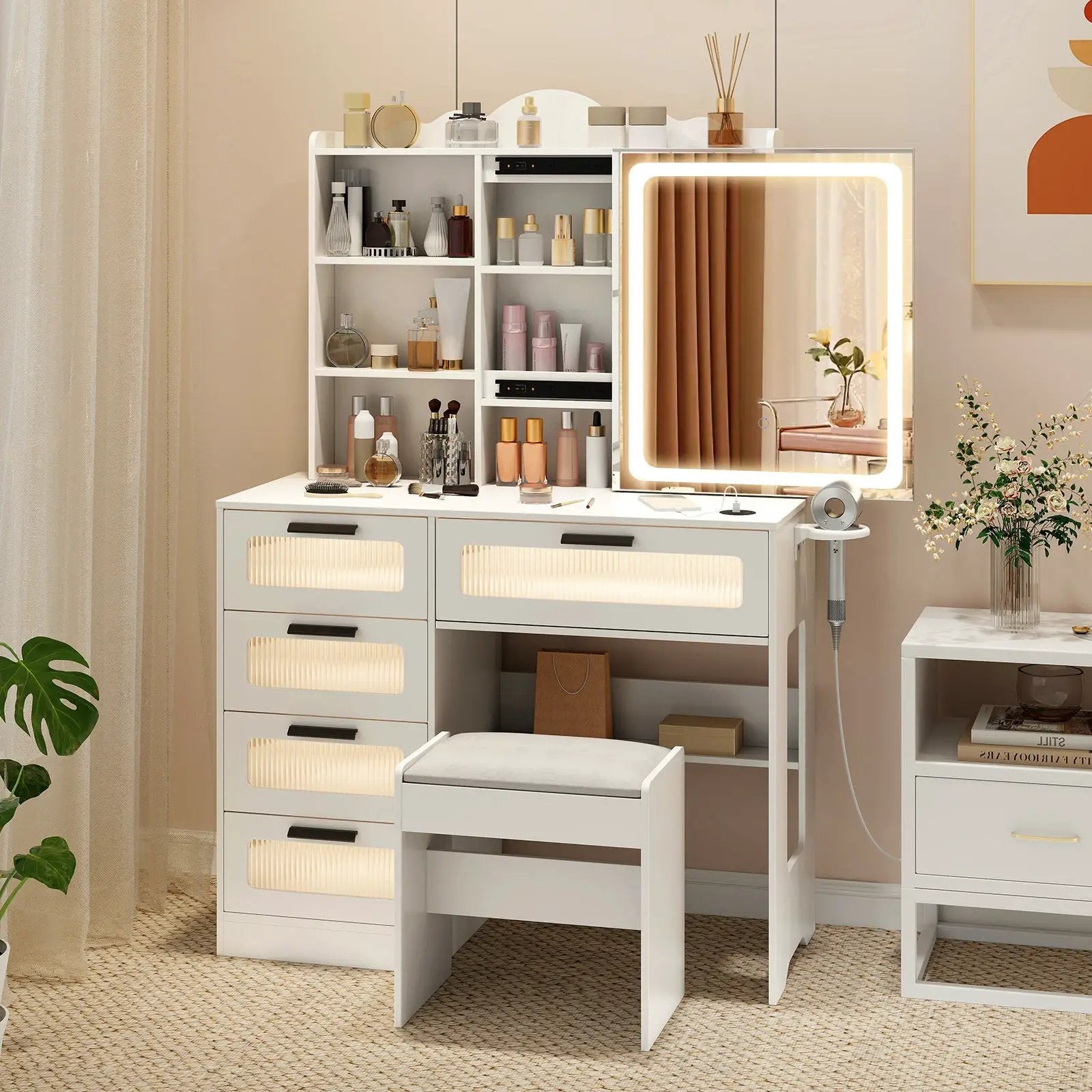 Makeup Vanity Desk with Mirror and Charging Station-White by DirectDeals