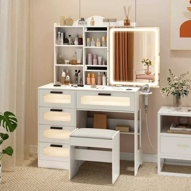 Makeup Vanity Desk with Mirror and Charging Station-White by DirectDeals