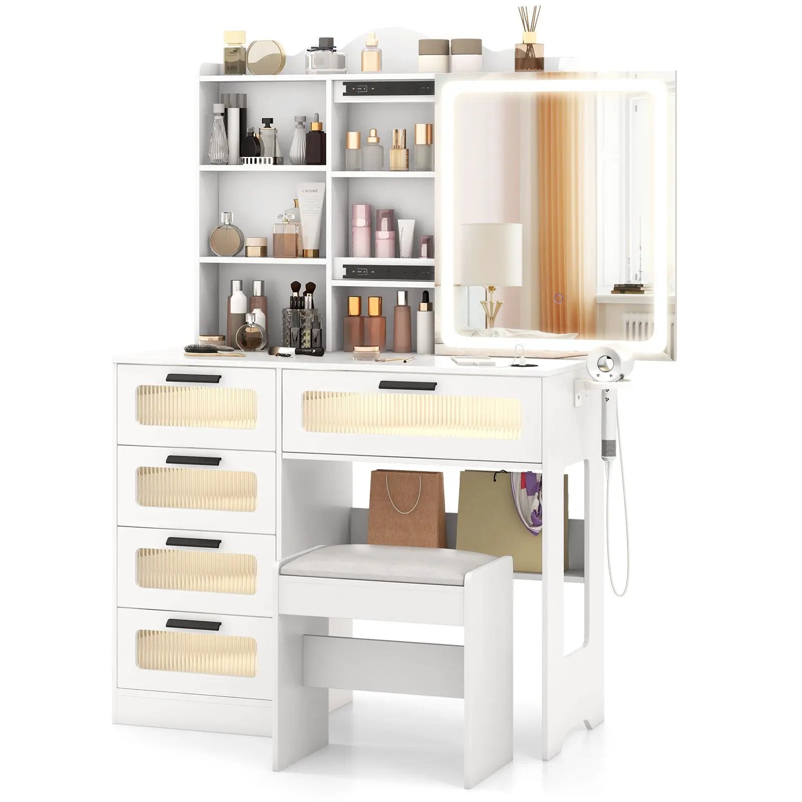 Makeup Vanity Desk with Mirror and Charging Station-White by DirectDeals