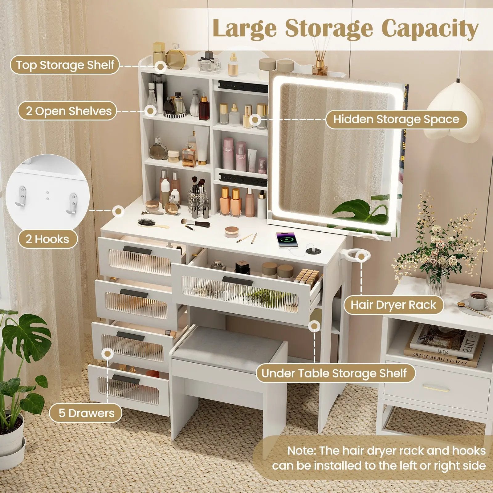 Makeup Vanity Desk with Mirror and Charging Station-White by DirectDeals