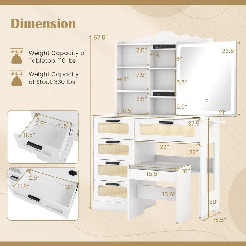 Makeup Vanity Desk with Mirror and Charging Station-White by DirectDeals