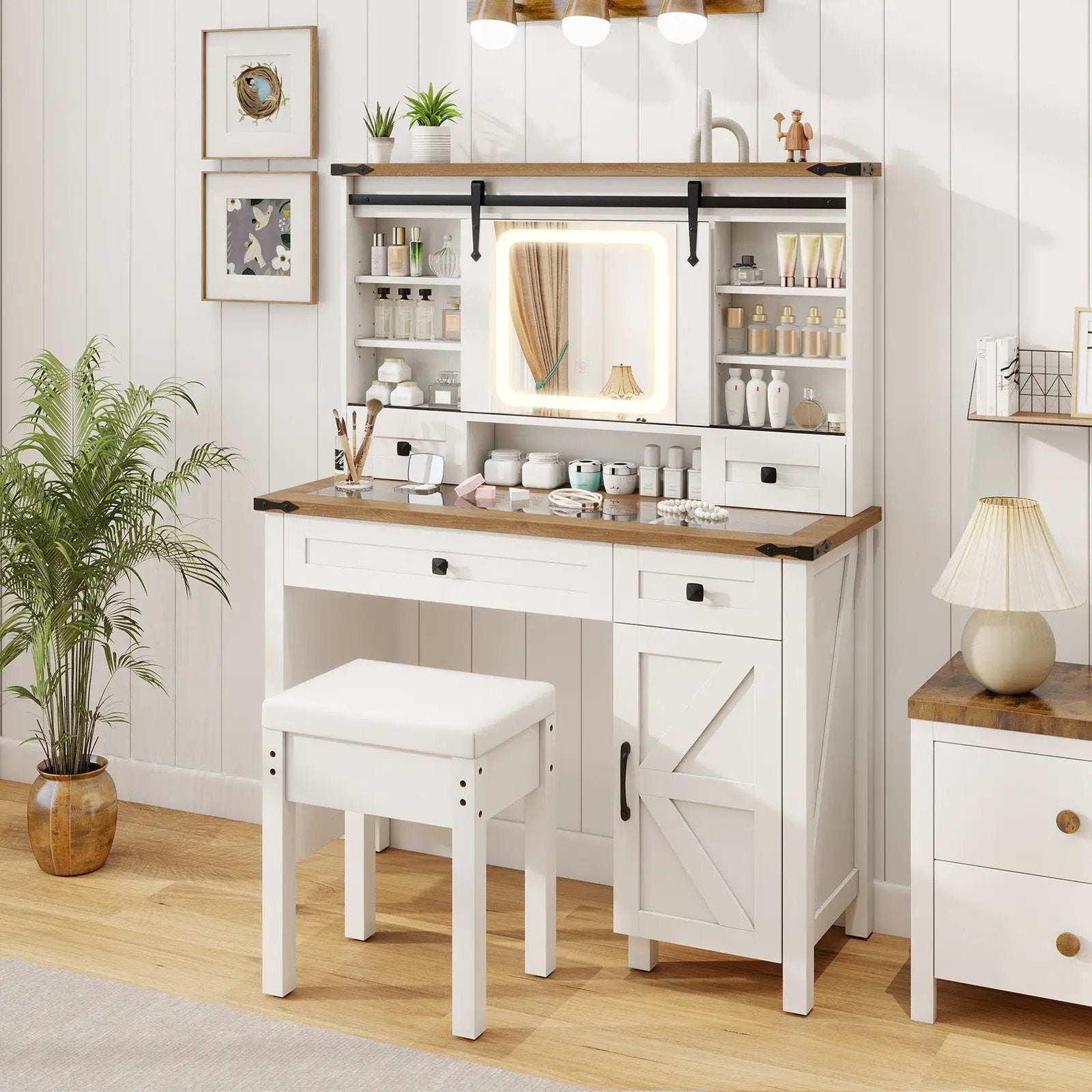 Makeup Vanity Desk with Mirror and 3-Color Dimmable LED Lights-White by DirectDeals