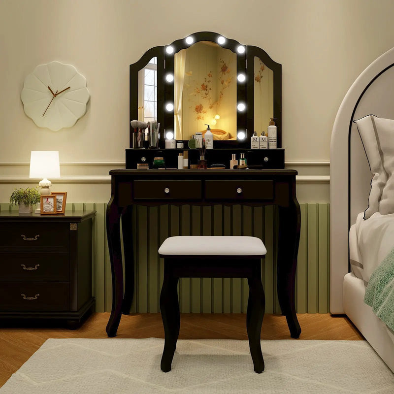 Makeup Vanity Table Set with Lighted Mirror and Drawers by DirectDeals