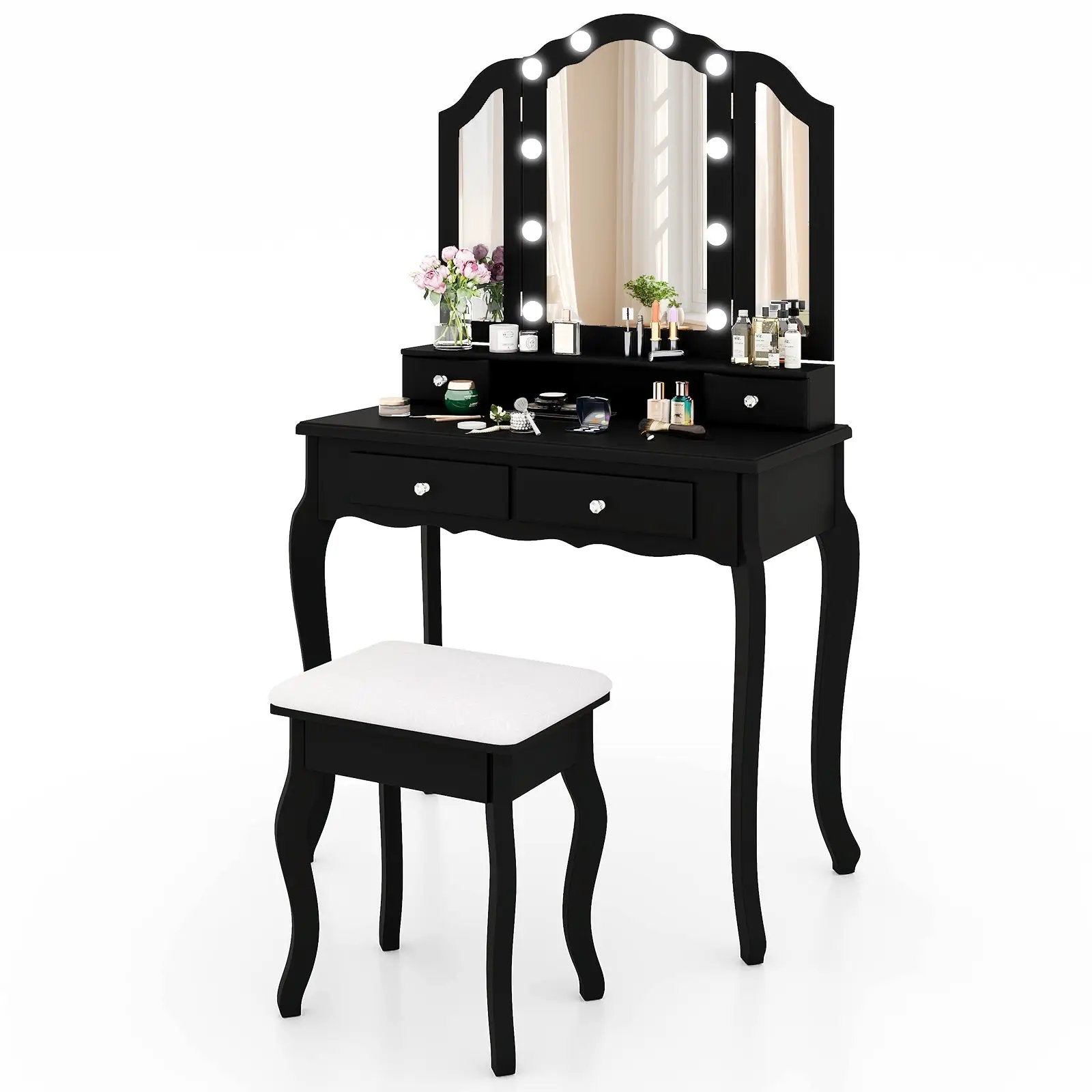 Makeup Vanity Table Set with Lighted Mirror and Drawers by DirectDeals