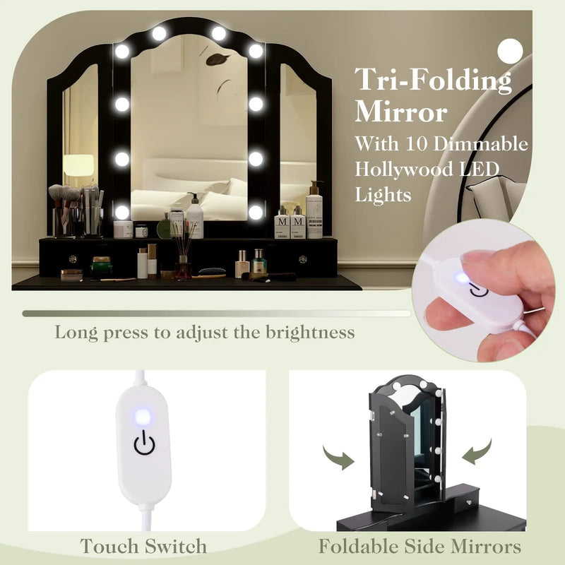 Makeup Vanity Table Set with Lighted Mirror and Drawers by DirectDeals
