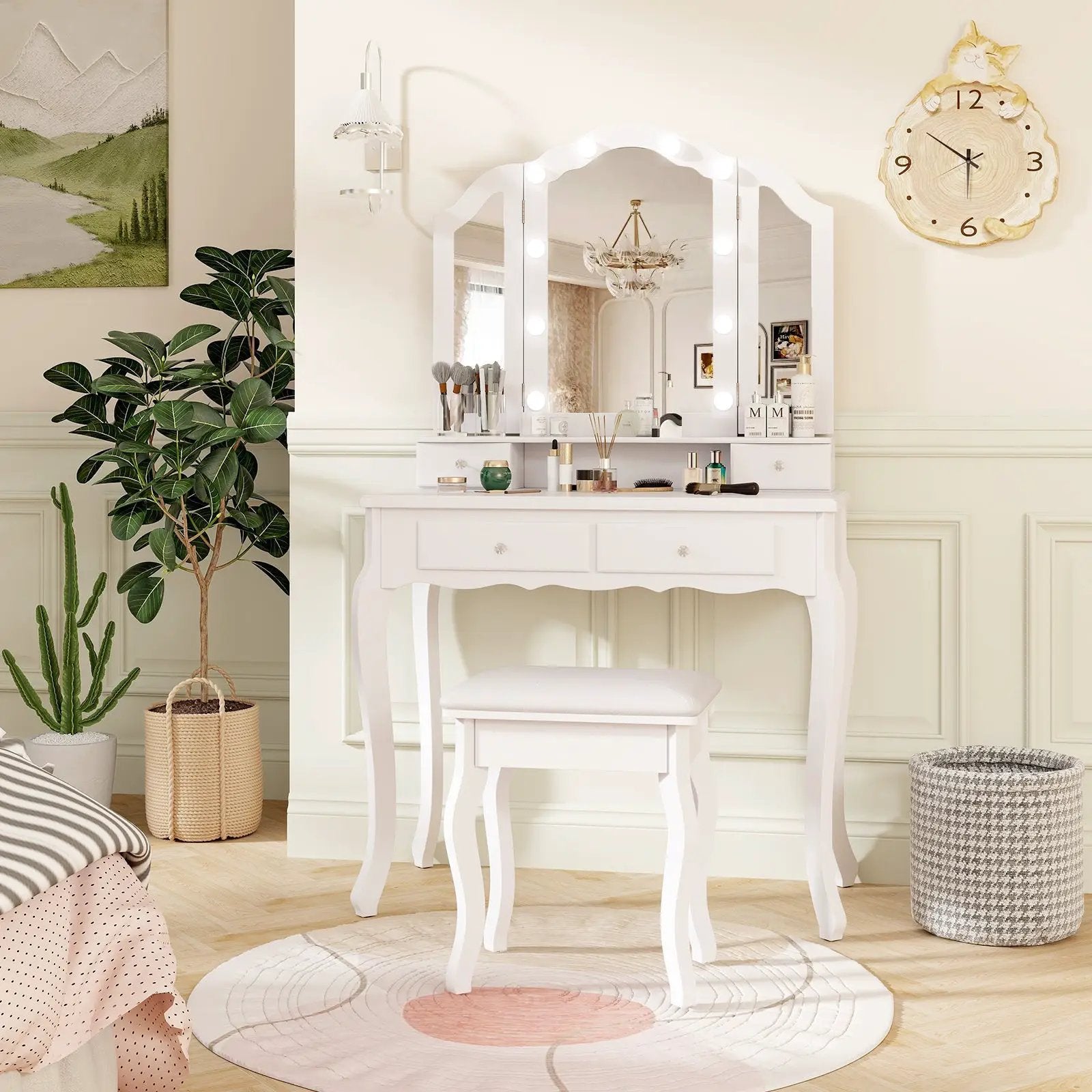 Makeup Vanity Table Set with Lighted Mirror and Drawers by DirectDeals
