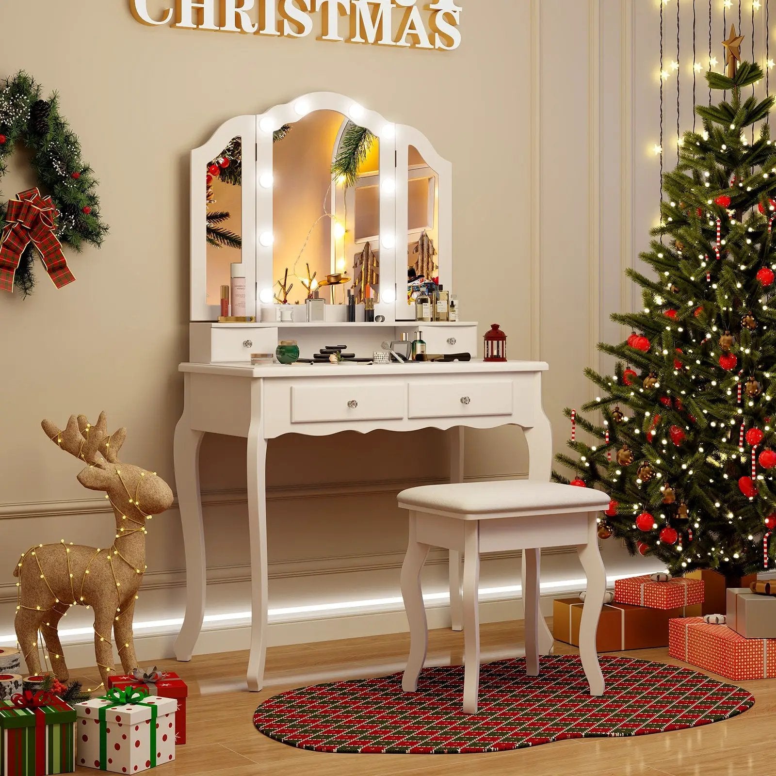 Makeup Vanity Table Set with Lighted Mirror and Drawers by DirectDeals