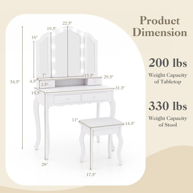 Makeup Vanity Table Set with Lighted Mirror and Drawers by DirectDeals