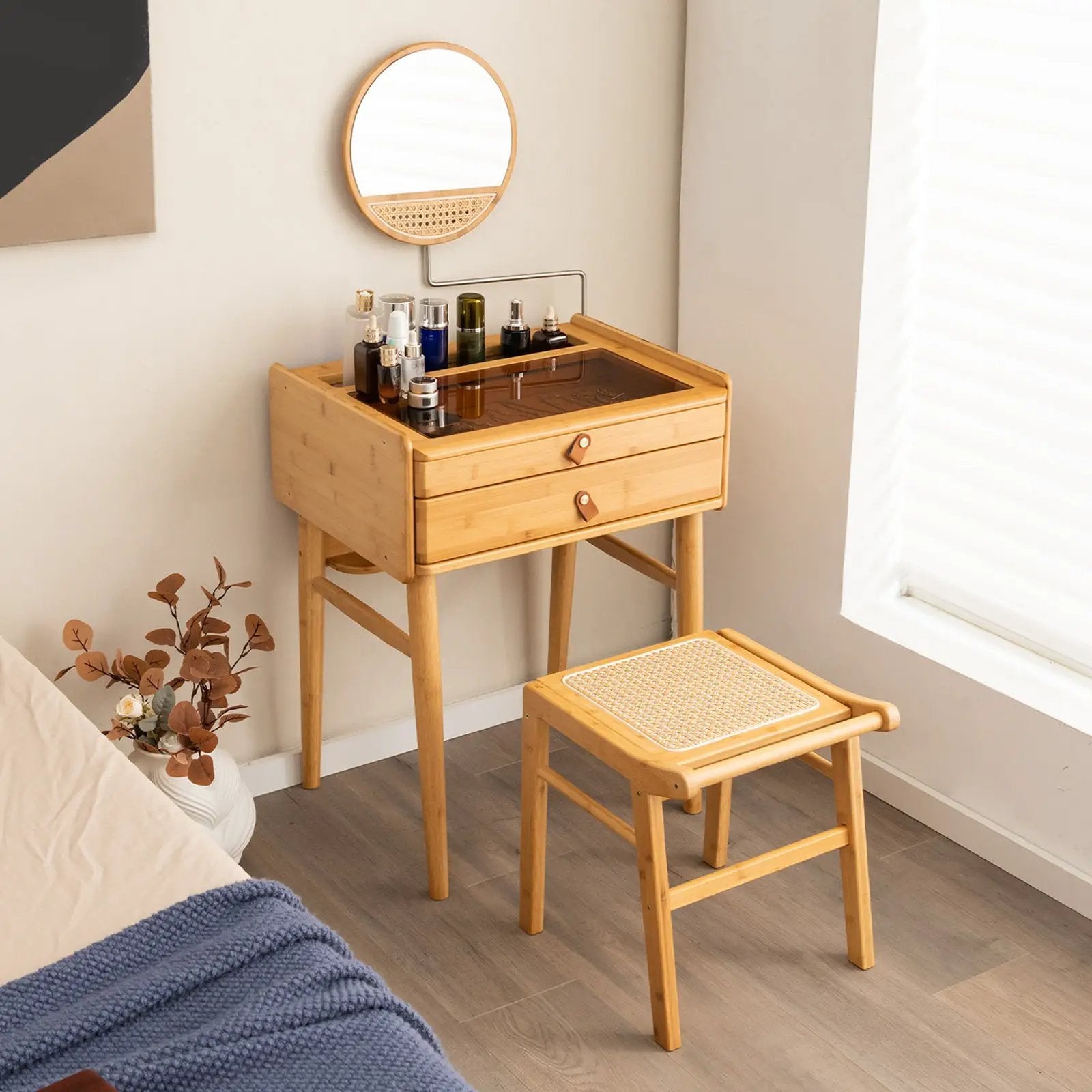 Bamboo Makeup Vanity Table with Mirror with 2 Storage Drawers-Natural by DirectDeals
