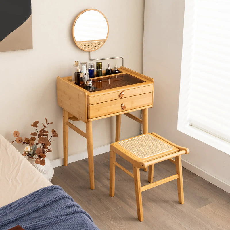Bamboo Makeup Vanity Table with Mirror with 2 Storage Drawers-Natural by DirectDeals