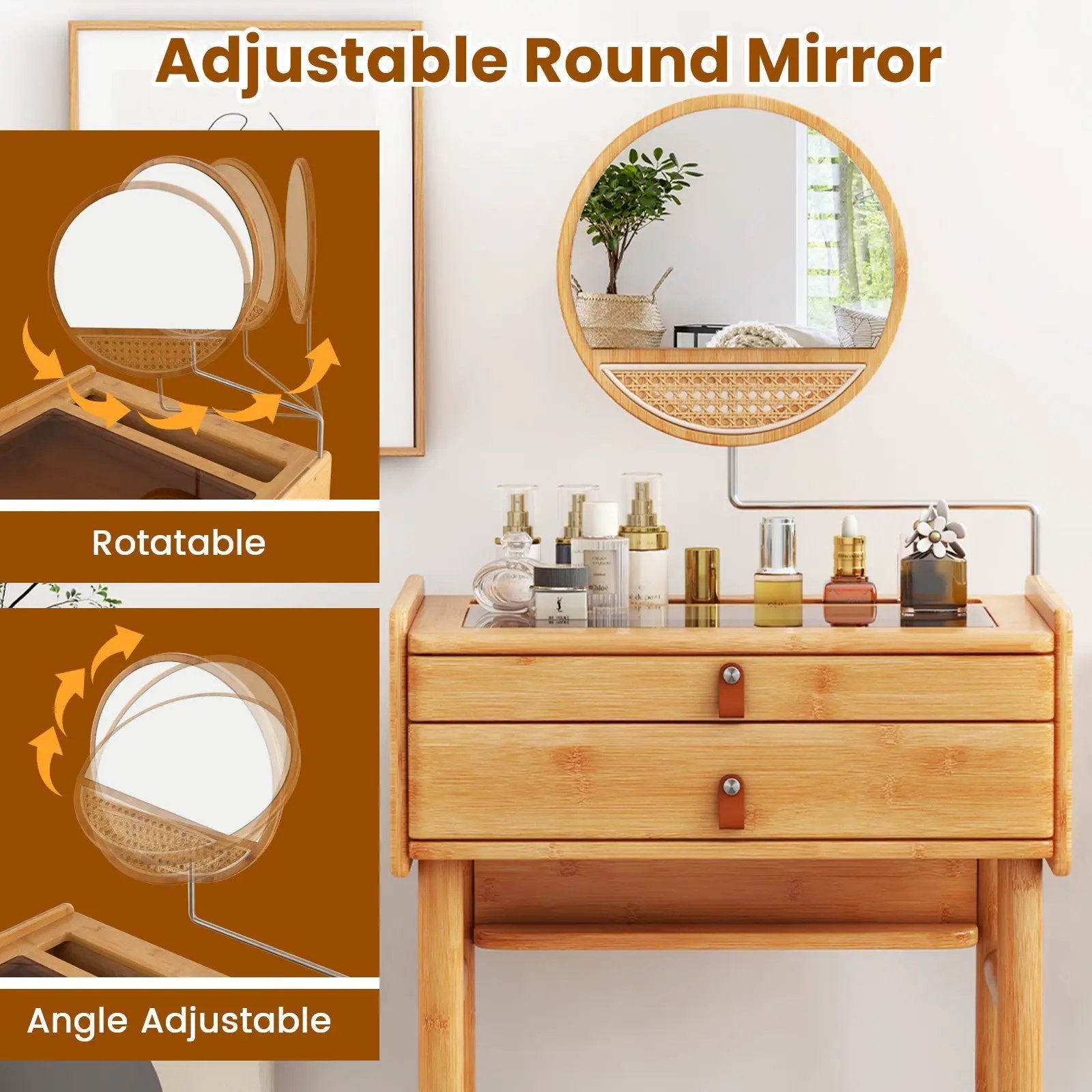 Bamboo Makeup Vanity Table with Mirror with 2 Storage Drawers-Natural by DirectDeals