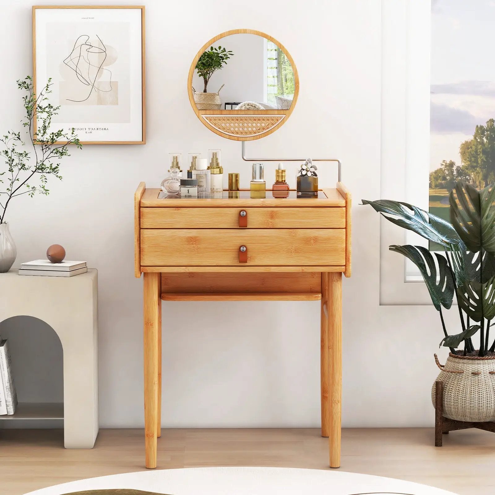 Bamboo Makeup Vanity Table with Mirror with 2 Storage Drawers-Natural by DirectDeals
