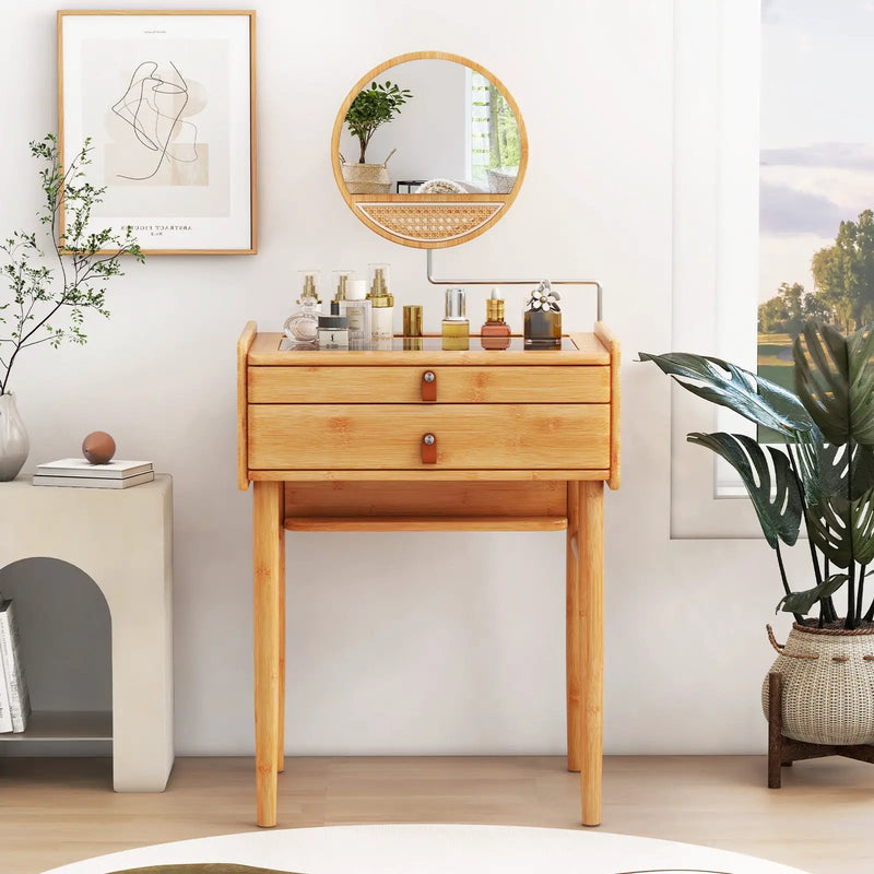 Bamboo Makeup Vanity Table with Mirror with 2 Storage Drawers-Natural by DirectDeals