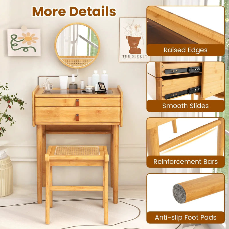 Bamboo Makeup Vanity Table with Mirror with 2 Storage Drawers-Natural by DirectDeals
