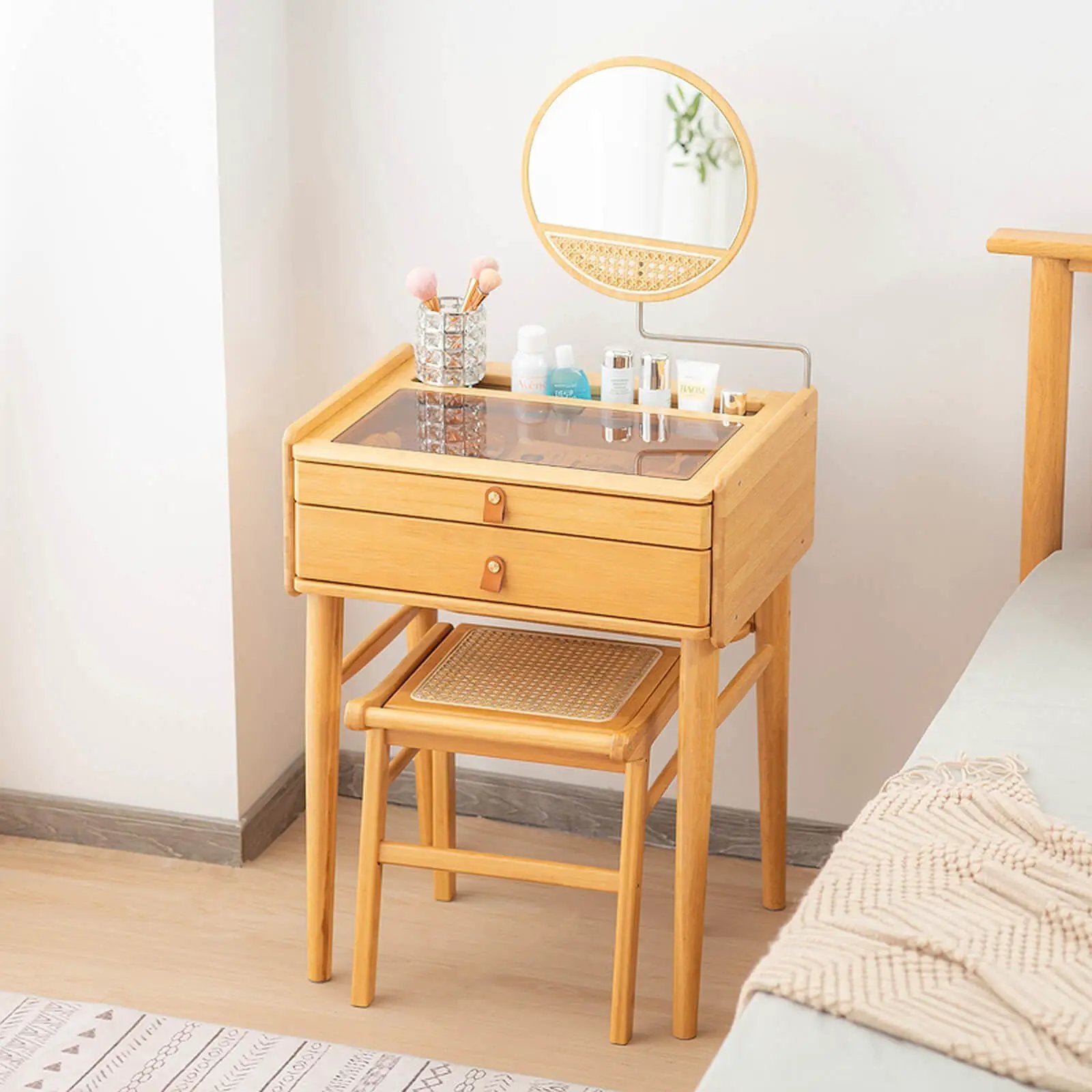 Bamboo Makeup Vanity Table with Stool and Rotating Mirror by DirectDeals