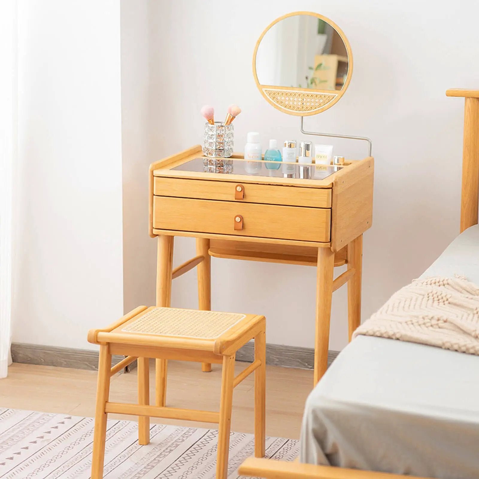 Bamboo Makeup Vanity Table with Stool and Rotating Mirror by DirectDeals