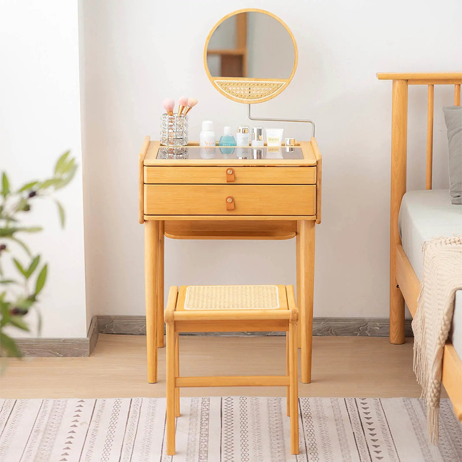 Bamboo Makeup Vanity Table with Stool and Rotating Mirror by DirectDeals