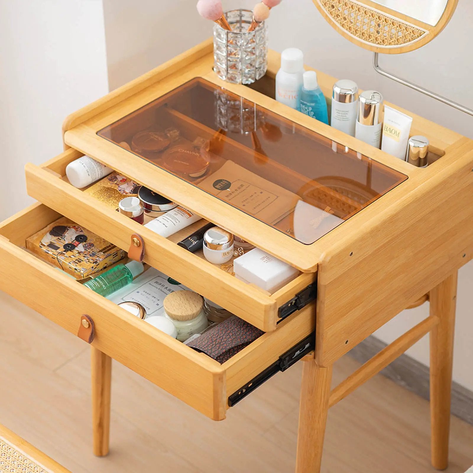 Bamboo Makeup Vanity Table with Stool and Rotating Mirror by DirectDeals