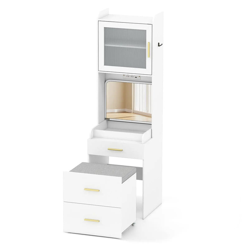 Makeup Vanity with Power Outlets and Flip-top Mirror and Storage Stool-White by DirectDeals