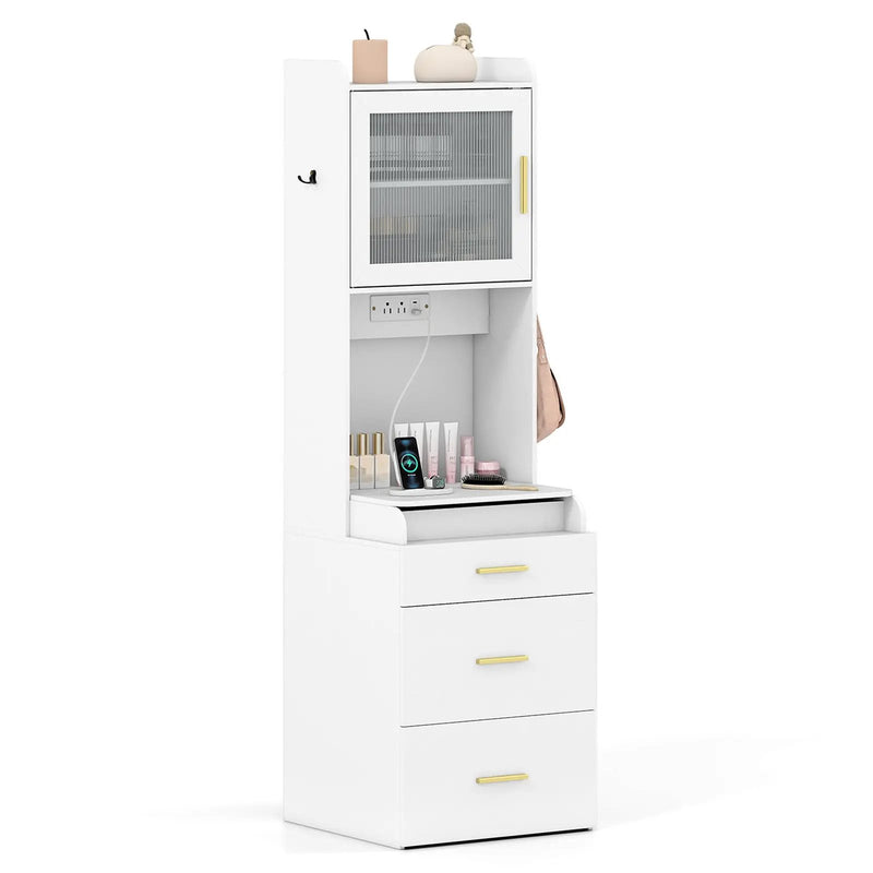Makeup Vanity with Power Outlets and Flip-top Mirror and Storage Stool-White by DirectDeals