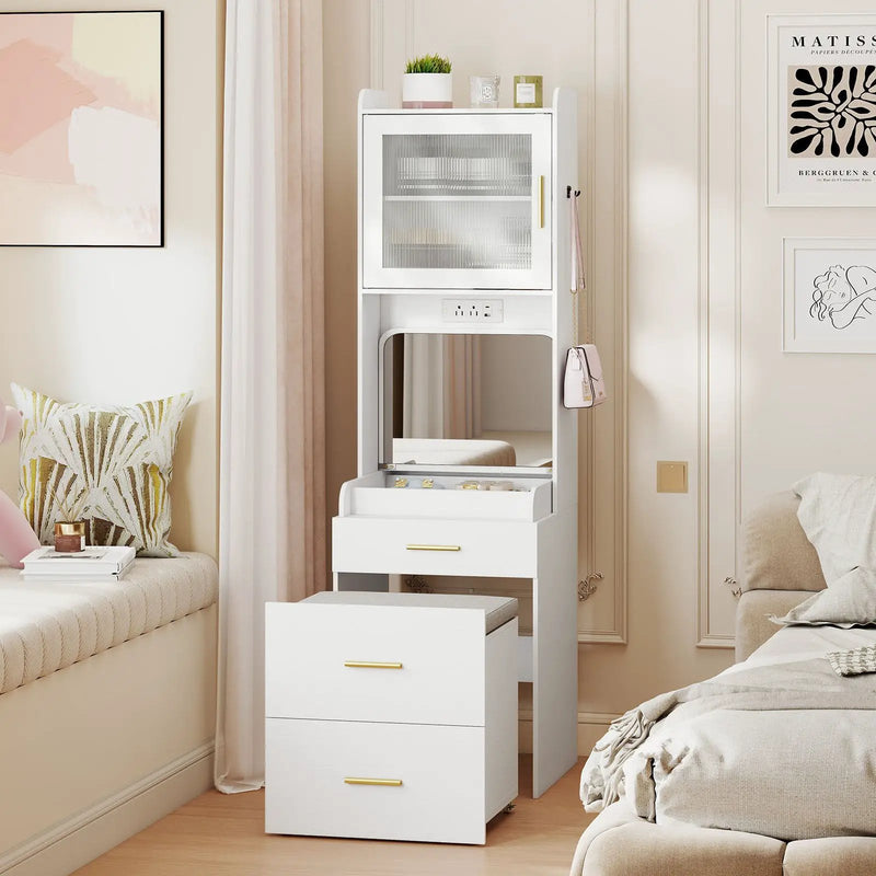Makeup Vanity with Power Outlets and Flip-top Mirror and Storage Stool-White by DirectDeals