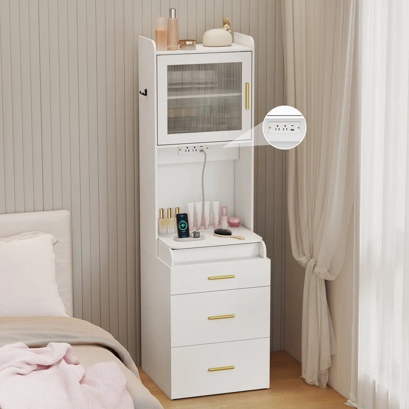 Makeup Vanity with Power Outlets and Flip-top Mirror and Storage Stool-White by DirectDeals
