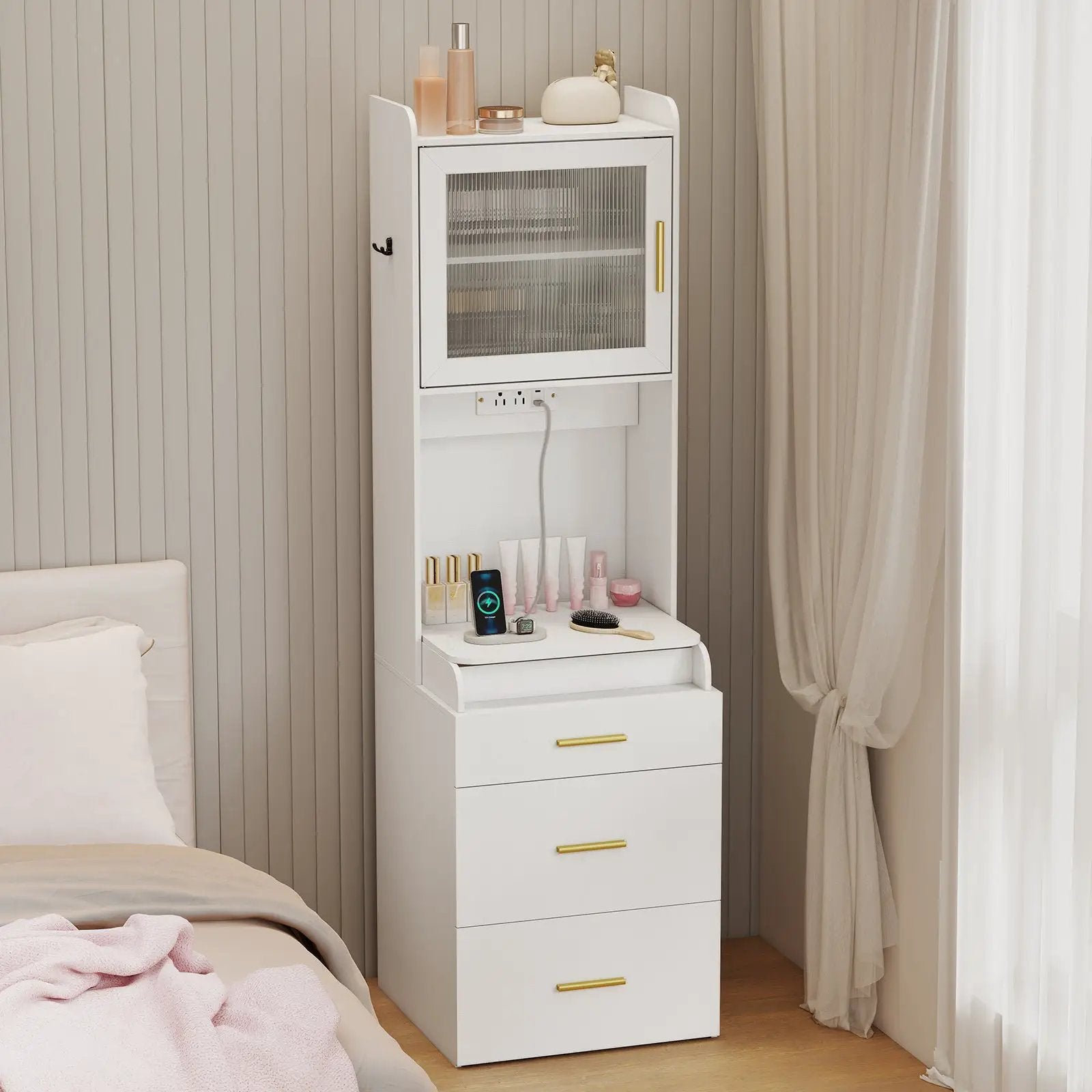 Makeup Vanity with Power Outlets and Flip-top Mirror and Storage Stool-White by DirectDeals